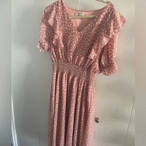 Women’s cap sleeved dress pink polkadot size large midi shade and shore